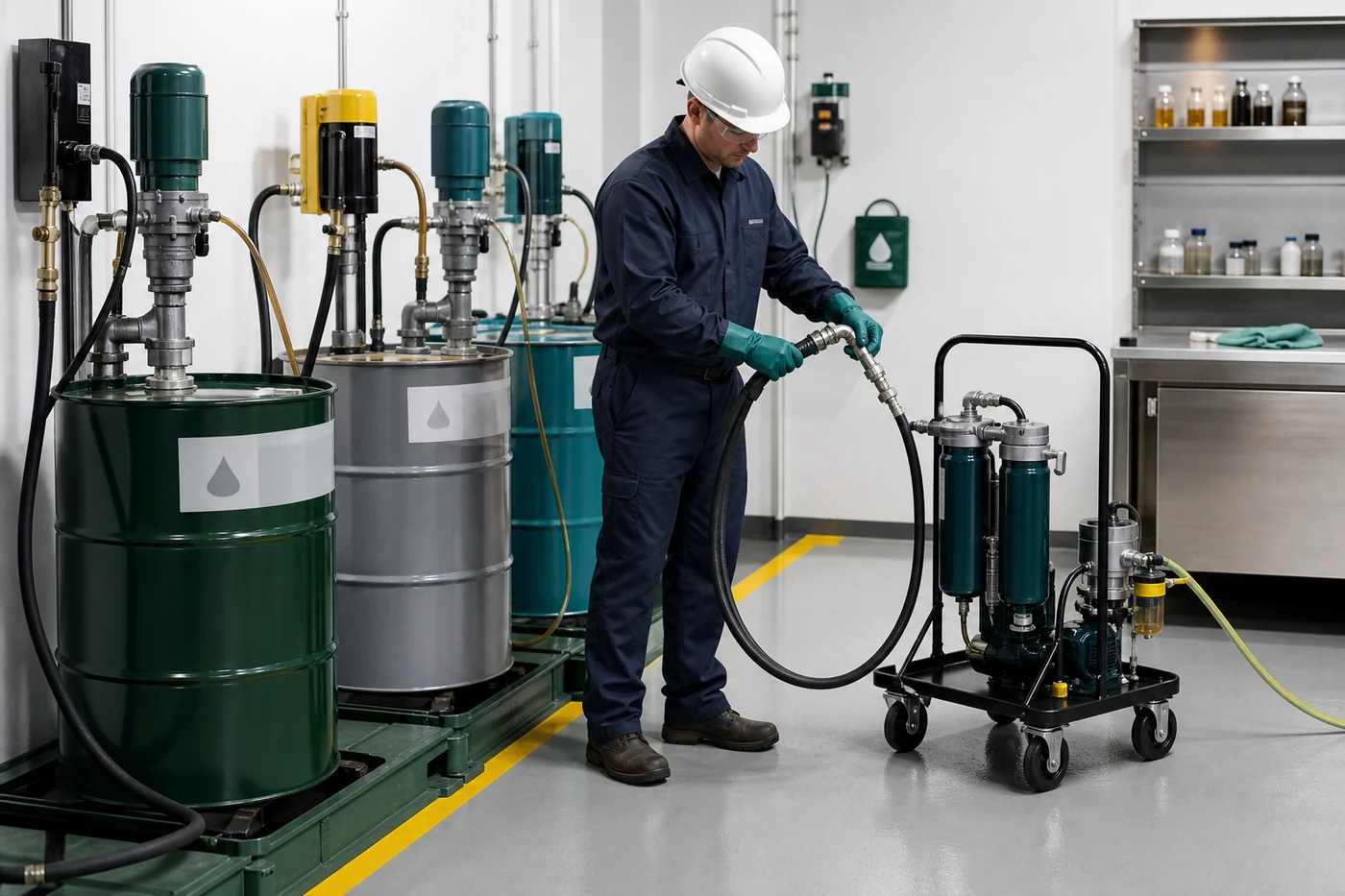 Technician using a filtered lubricant transfer cart in a clean oil room