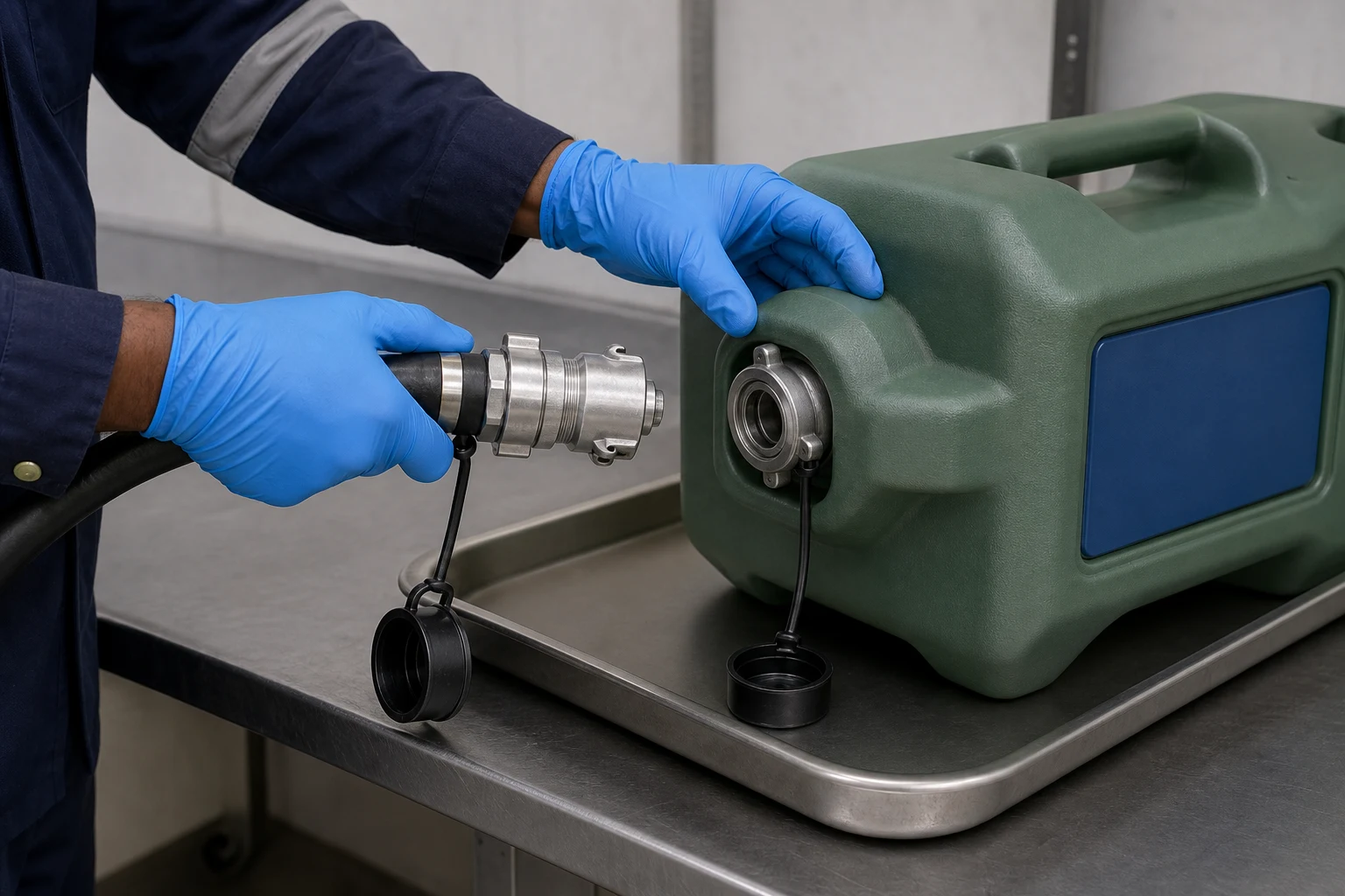 Gloved technician aligning a hose coupling with a sealed oil transfer container while tethered caps hang over a clean tray