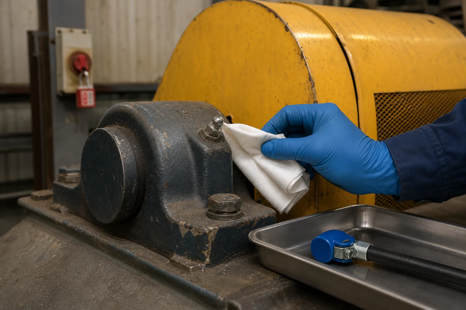 Gloved technician cleaning a grease fitting on a stationary pillow block bearing housing