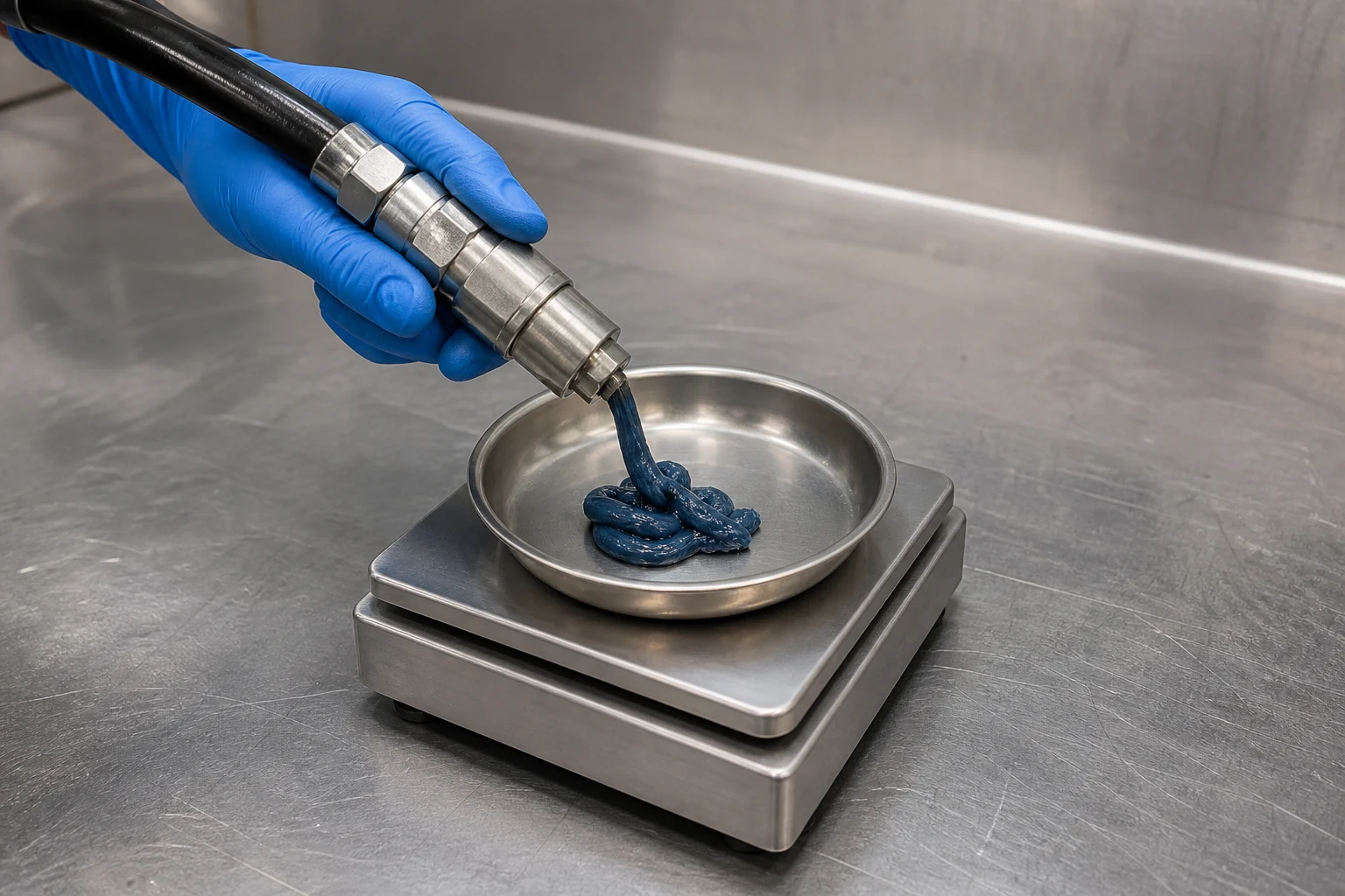 Thick blue grease leaving a hydraulic coupler and collecting in a dish on a bench scale