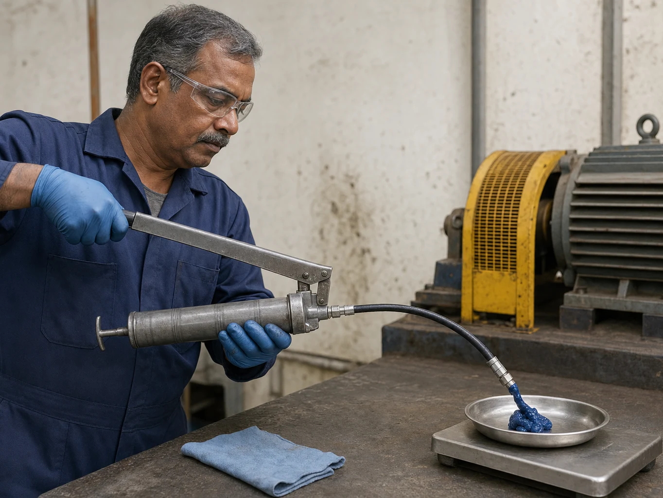 Technician measuring the free output of a manual grease gun into a dish on a workshop scale