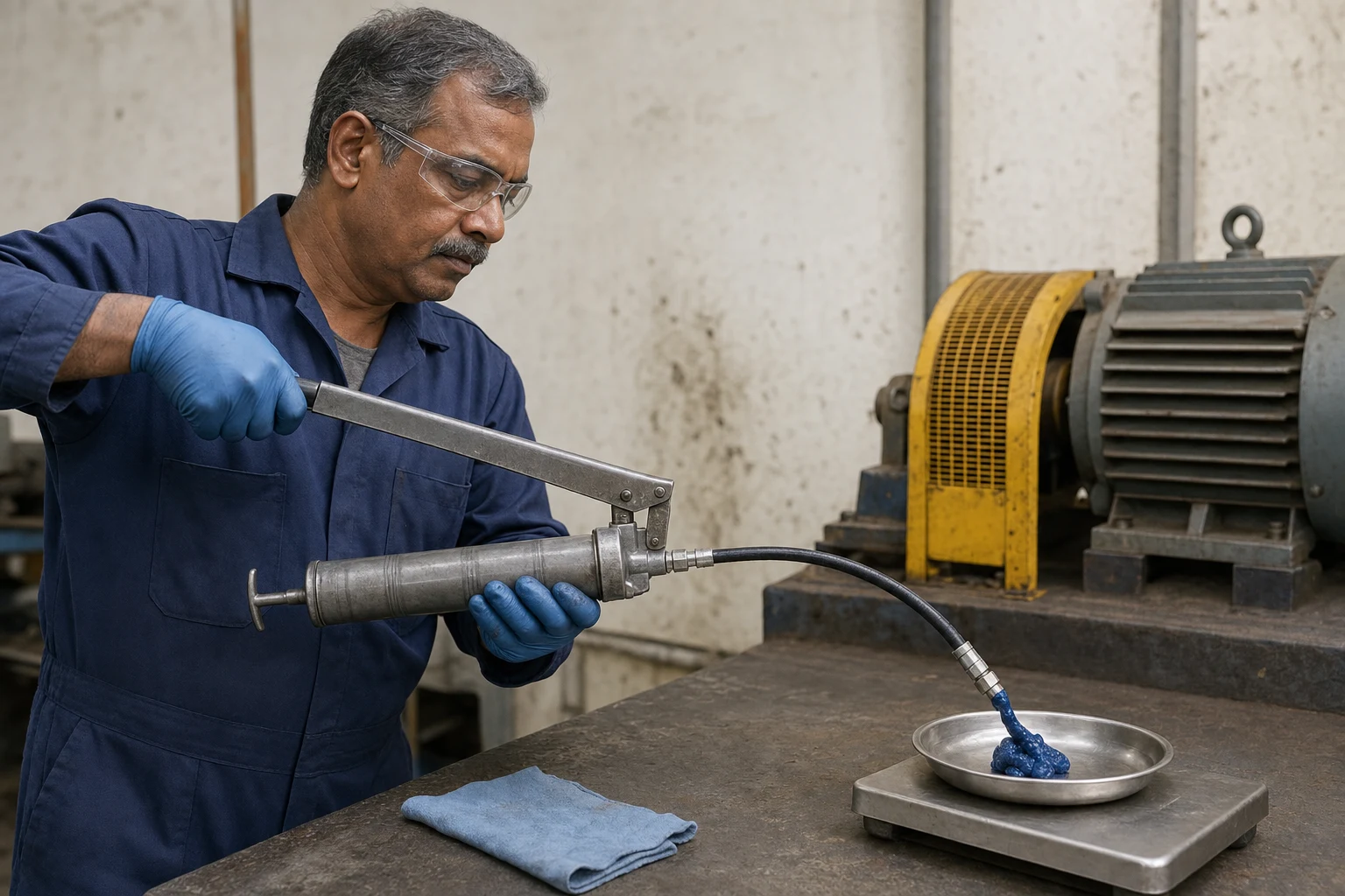 Technician measuring the free output of a manual grease gun into a dish on a workshop scale
