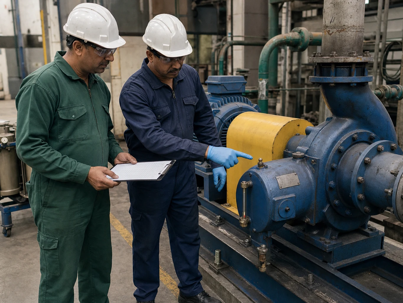 Reliability engineer and lubrication technician checking a written route against a guarded pump
