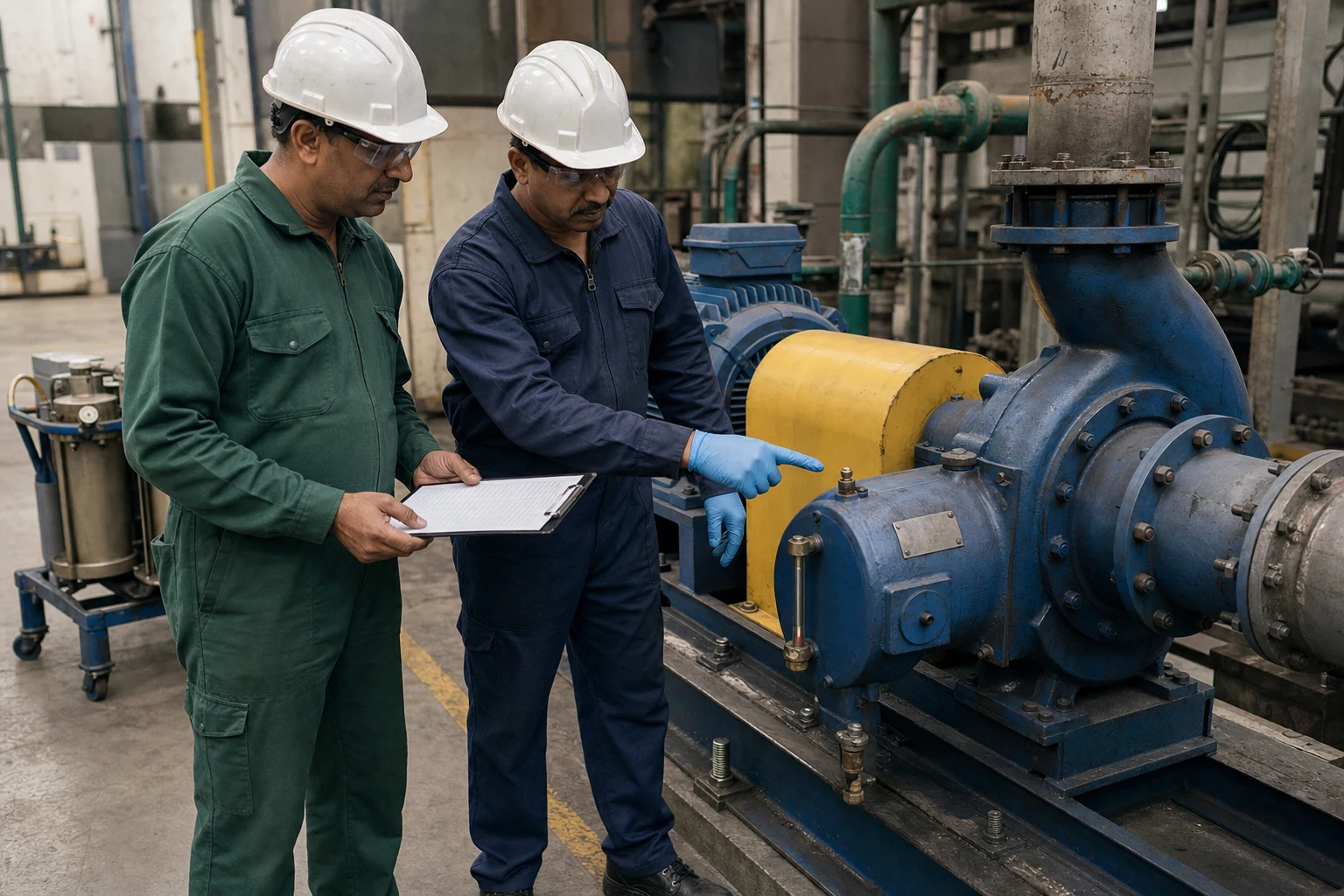 Reliability engineer and lubrication technician checking a written route against a guarded pump