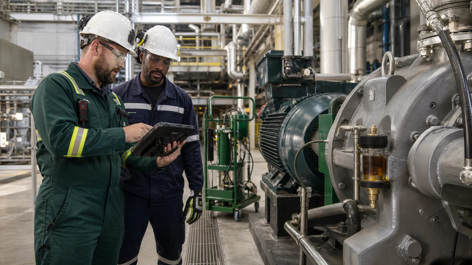 Reliability engineer and lubrication technician reviewing a machine lubrication route