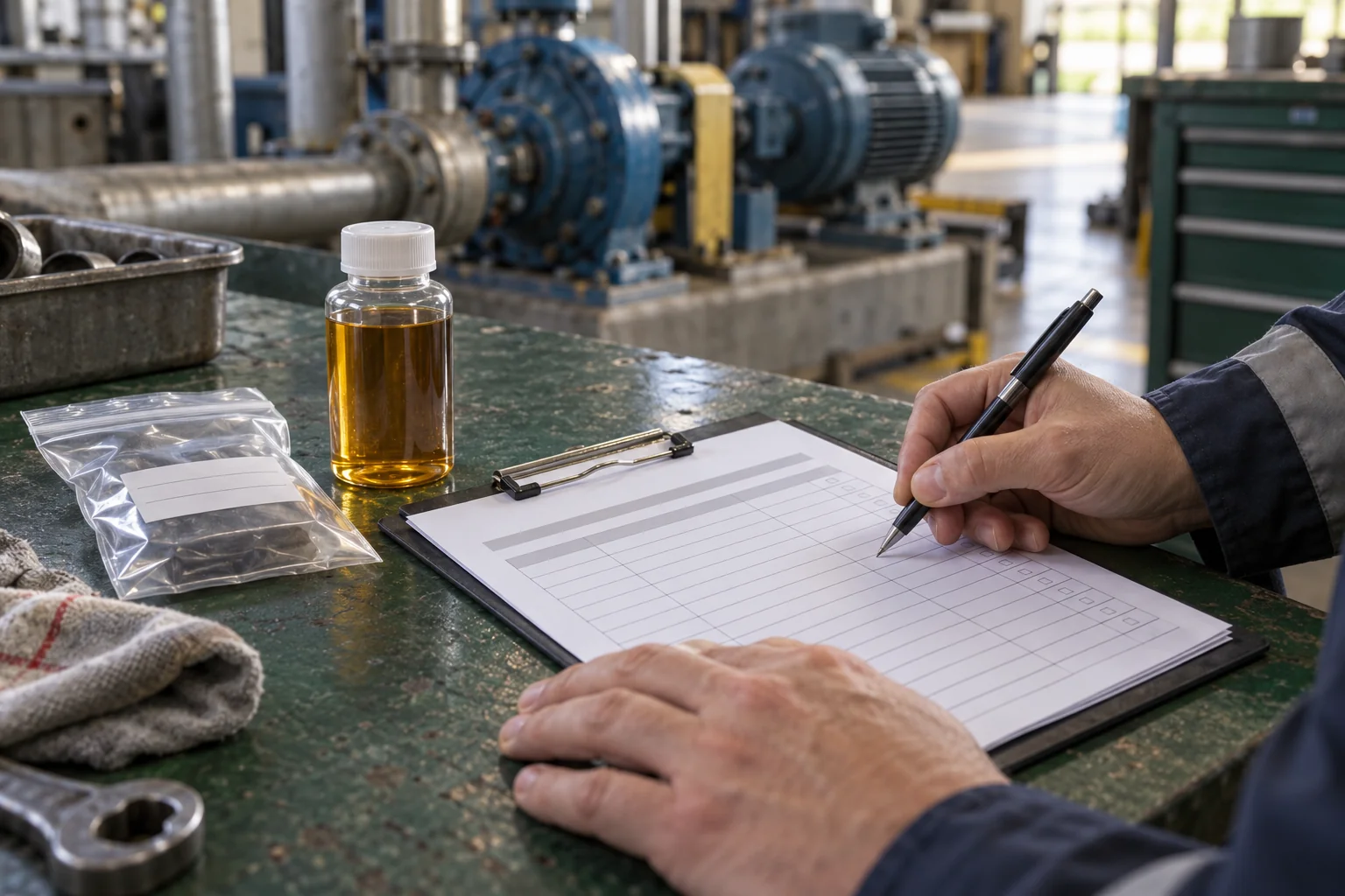 Sealed oil sample beside a maintenance work record awaiting review.