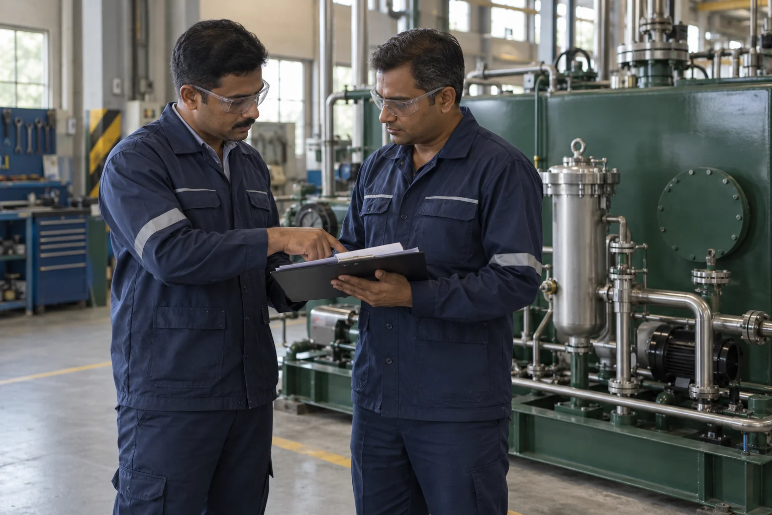 Two maintenance technicians discussing a work record beside a guarded oil system.