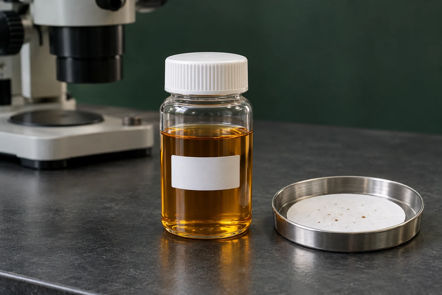 Sealed bottle of amber oil beside a filter membrane and inspection microscope on a laboratory bench