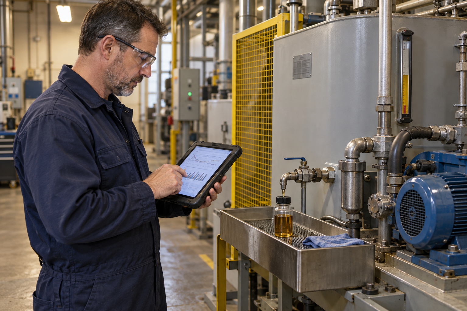 Reliability technician reviewing an oil condition trend beside a guarded circulating oil system