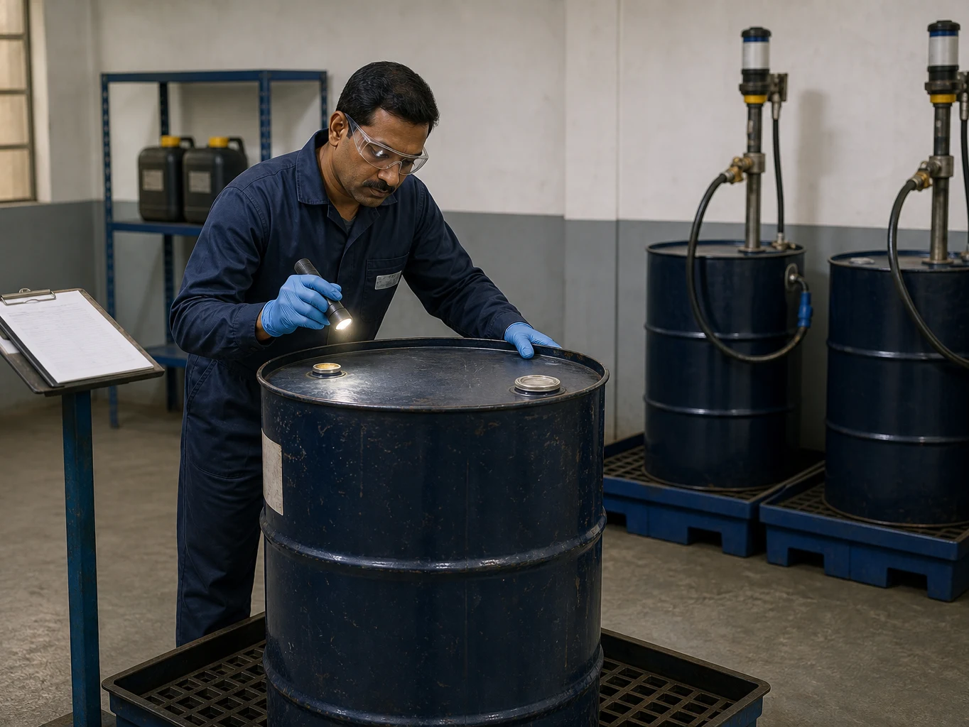Technician inspecting the sealed closures of a received oil drum inside an industrial oil room