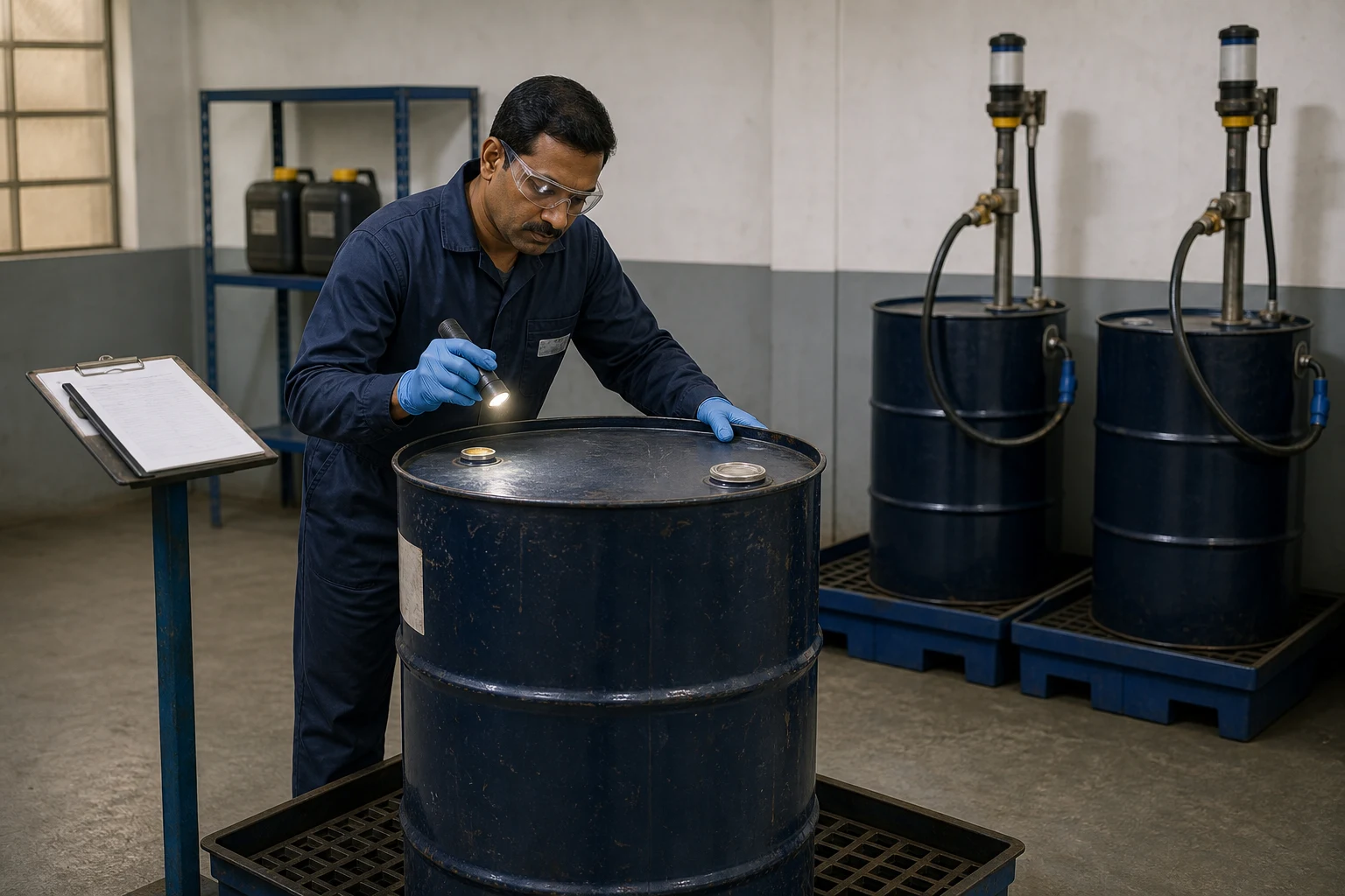 Technician inspecting the sealed closures of a received oil drum inside an industrial oil room