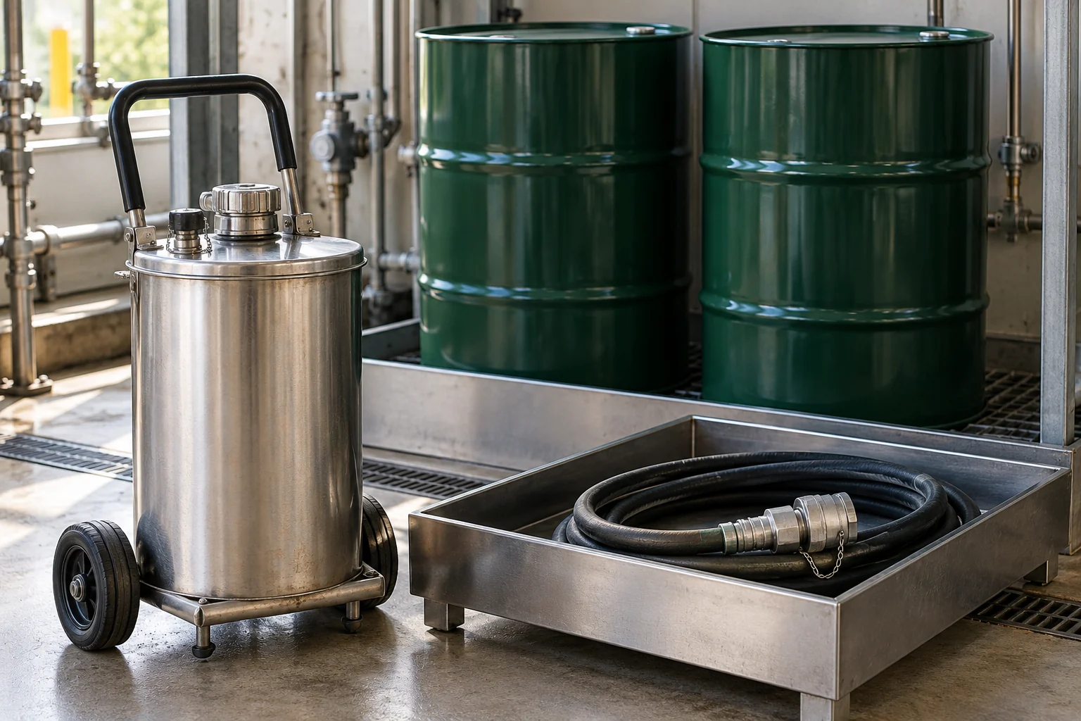 Illustration of closed lubricant drums, a transfer vessel and a capped hose kept off the floor