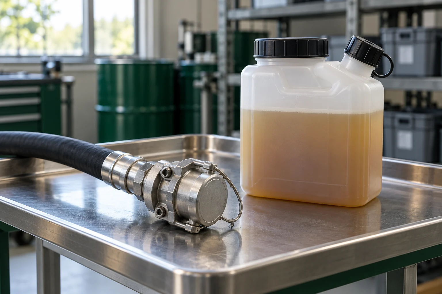 Illustration of a capped hose coupling beside a closed lubricant transfer container on a clean tray