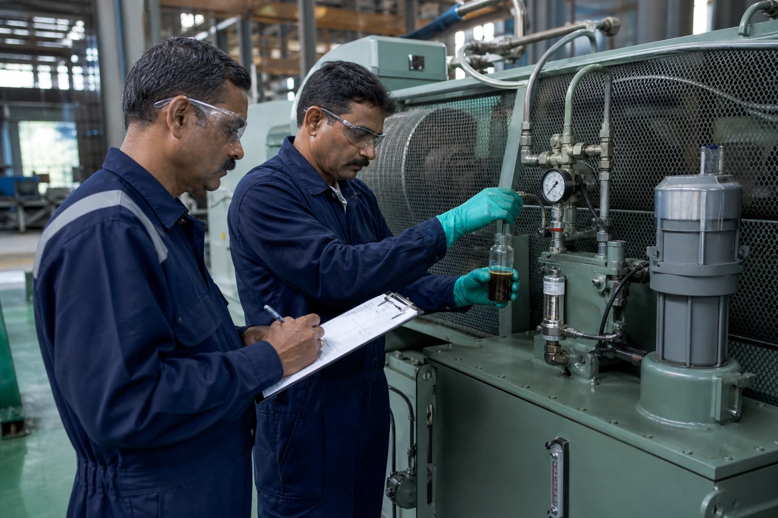 Lubrication technician taking an oil sample while a reliability engineer checks the asset record